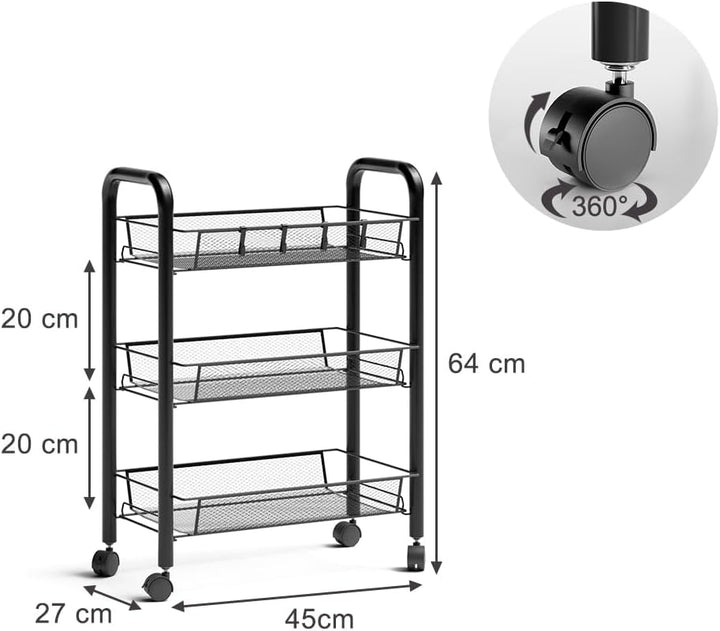 Vicco Rollcontainer Tarro, Schwarz, 45 x 64 cm mit 3 Ablagefächern, Schwarz