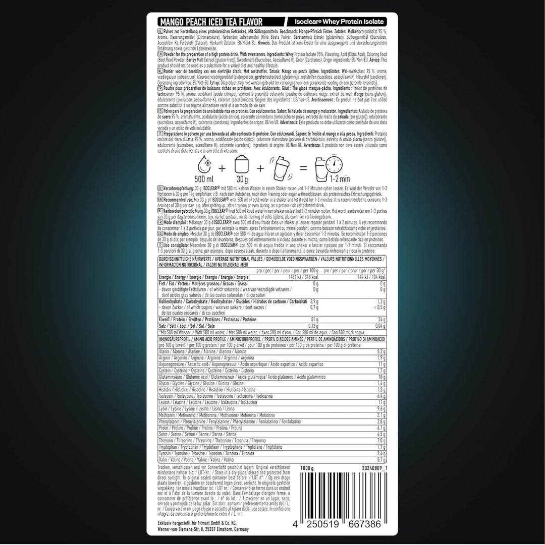 ESN ISOCLEAR Whey Isolate Protein Pulver, 1000g, Mango Peach Iced Tea, Proteinlimo mit fruchtig leck