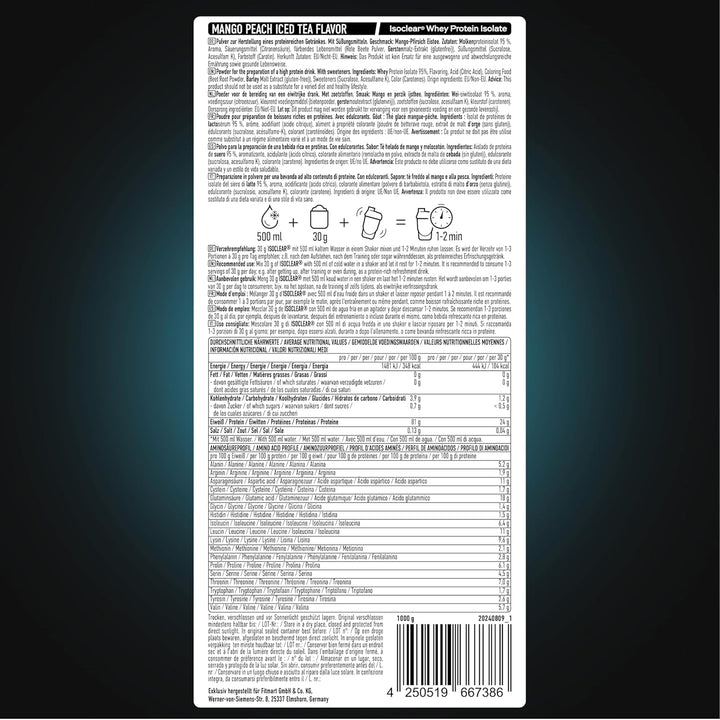 ESN ISOCLEAR Whey Isolate Protein Pulver, 1000g, Mango Peach Iced Tea, Proteinlimo mit fruchtig leck