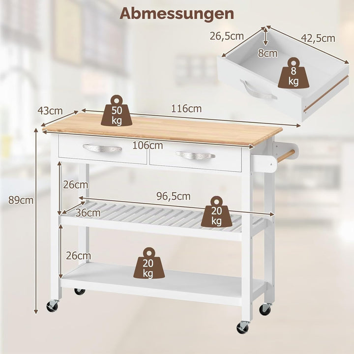 KOMFOTTEU Küchenwagen auf Rollen aus Holz, Servierwagen mit 2 Schubladen & 2 offenen Regalen, Mobile
