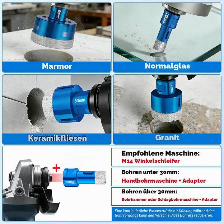 Diamant Fliesenbohrer 6mm, 4 Stück M14 20/30/50/68mm Fliesenbohrer + 6 Stück M6 6/6/8/10/12mm Sechsk