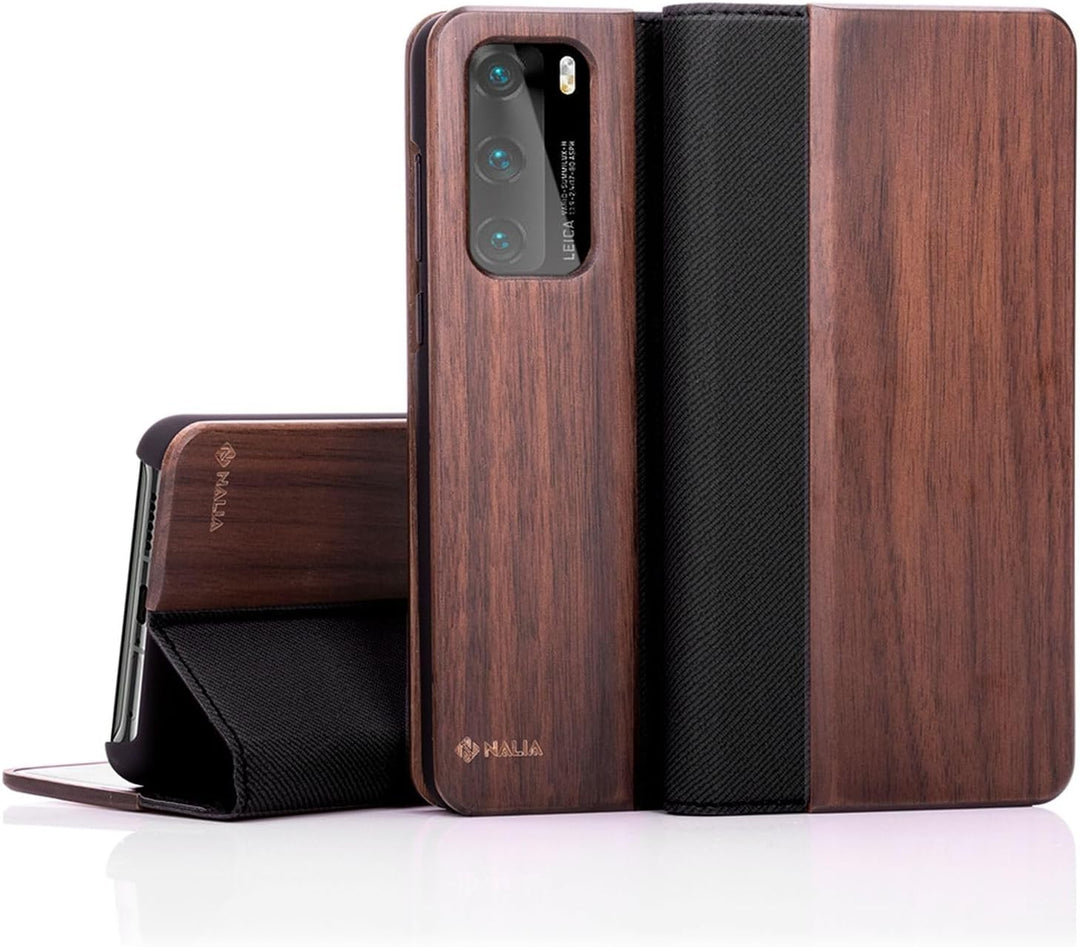 NALIA Echt-Holz Flipcase kompatibel mit Huawei P40 Hülle, Premium Wood Etui Handyhülle mit Klappe, H