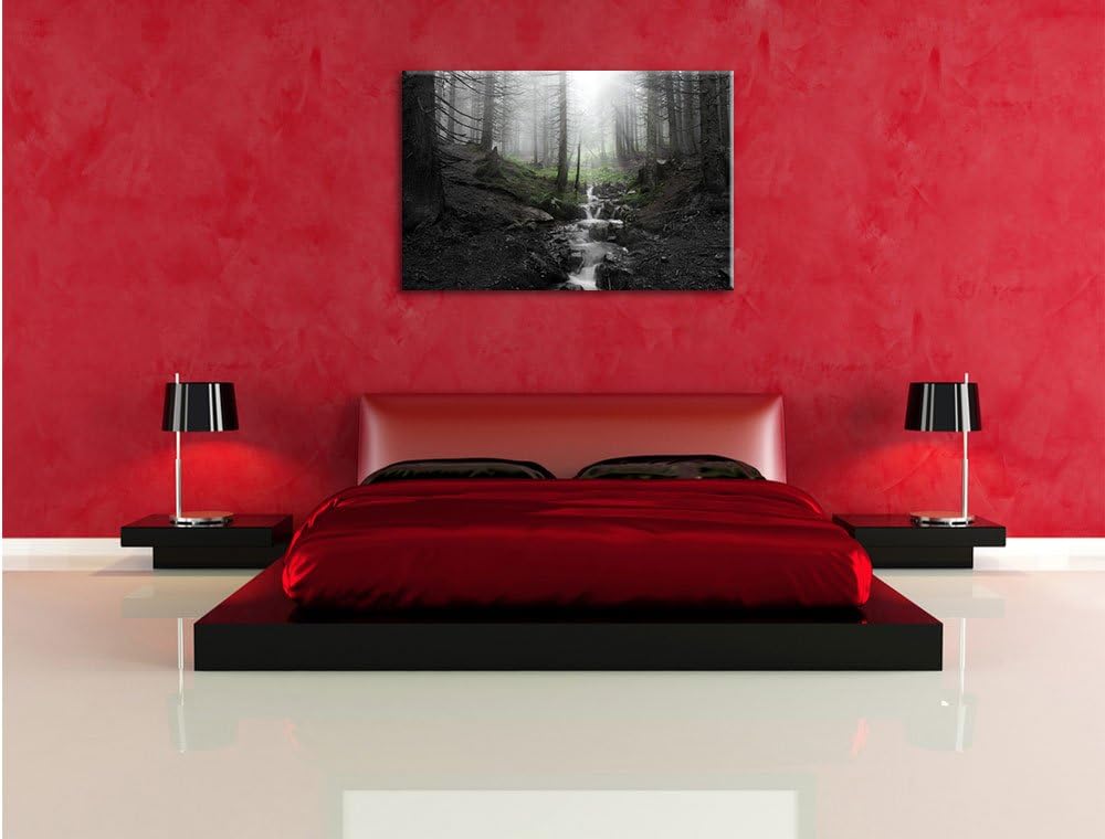 Bach im Wald B&W Detail, Format: 100x70 auf Leinwand, XXL riesige Bilder fertig gerahmt mit Keilrahm
