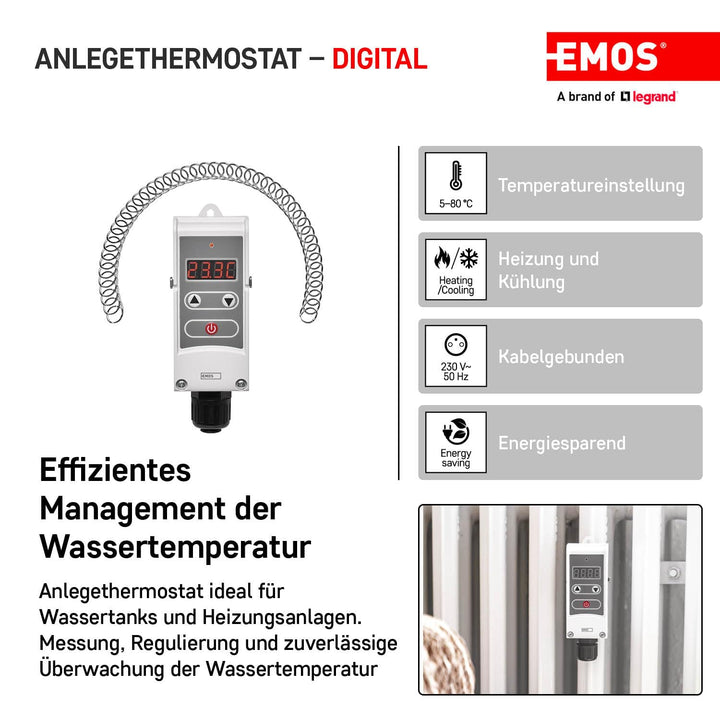 EMOS P5683 Anlegethermostat mit einstellbarer Schaltempfindlichkeit, Schraubenfeder und digitalem Di