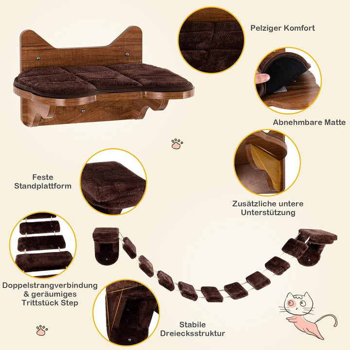 COSTWAY Kletterwand Katzen, 2 in 1 Katzenbrücke und Katzenliege, Katzenhängematte Wand Set, Hängebrü
