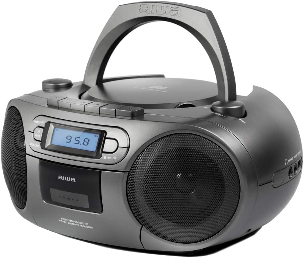 Aiwa BBTC-550BK Tragbares Radio mit CD, Bluetooth und USB, Cassettes-Recorder Farbe: Metallic-Grau S