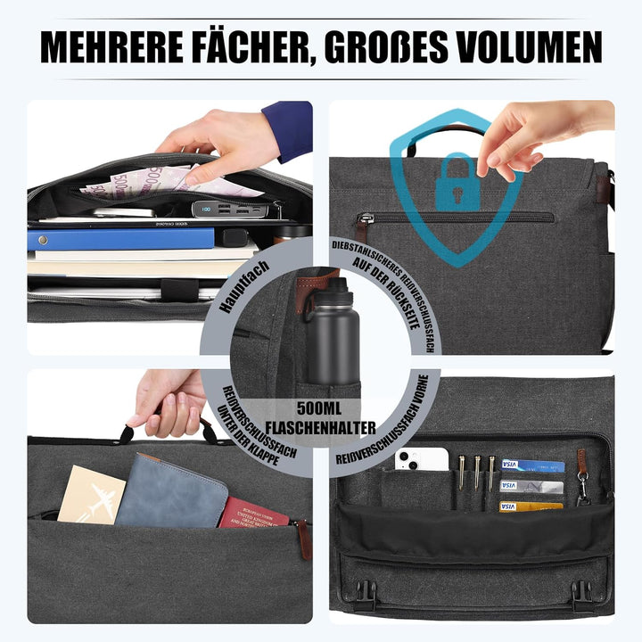 Eshow Umhängetasche Herren Wasserabweisend, Laptoptasche 17,3 Zoll aus Echtleder und Canvas, Messeng