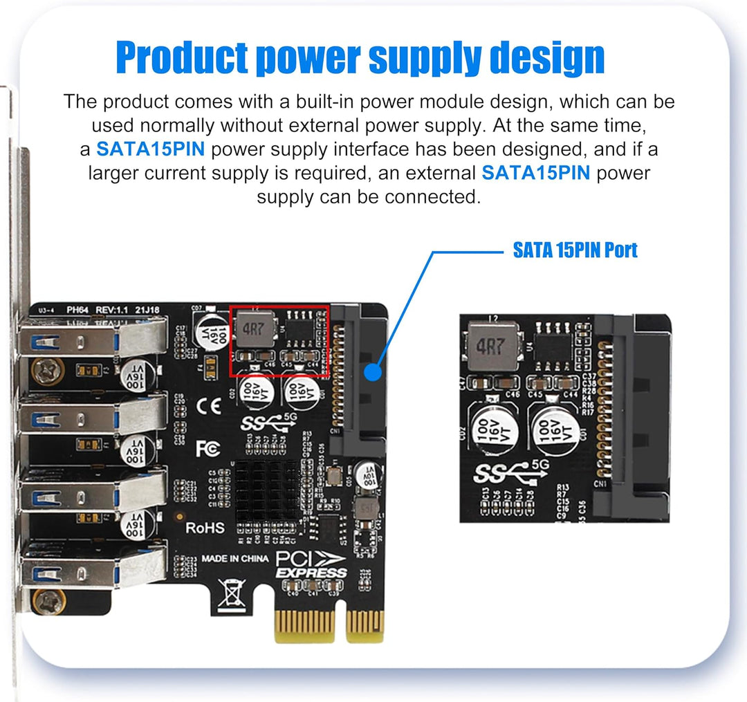Interne 4-Port PCIe USB-Erweiterungskarte, USB 3.2 Gen 1 (5 Gbit/s), interner Hub-Adapter-Controller