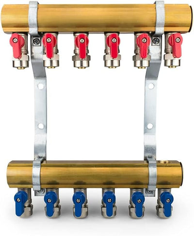 Messing Heizkreisverteiler 6 Heizkreise Set mit 12 x PEX Kugelhahn mit Klemmring 16mm x 1/2" AG & 2