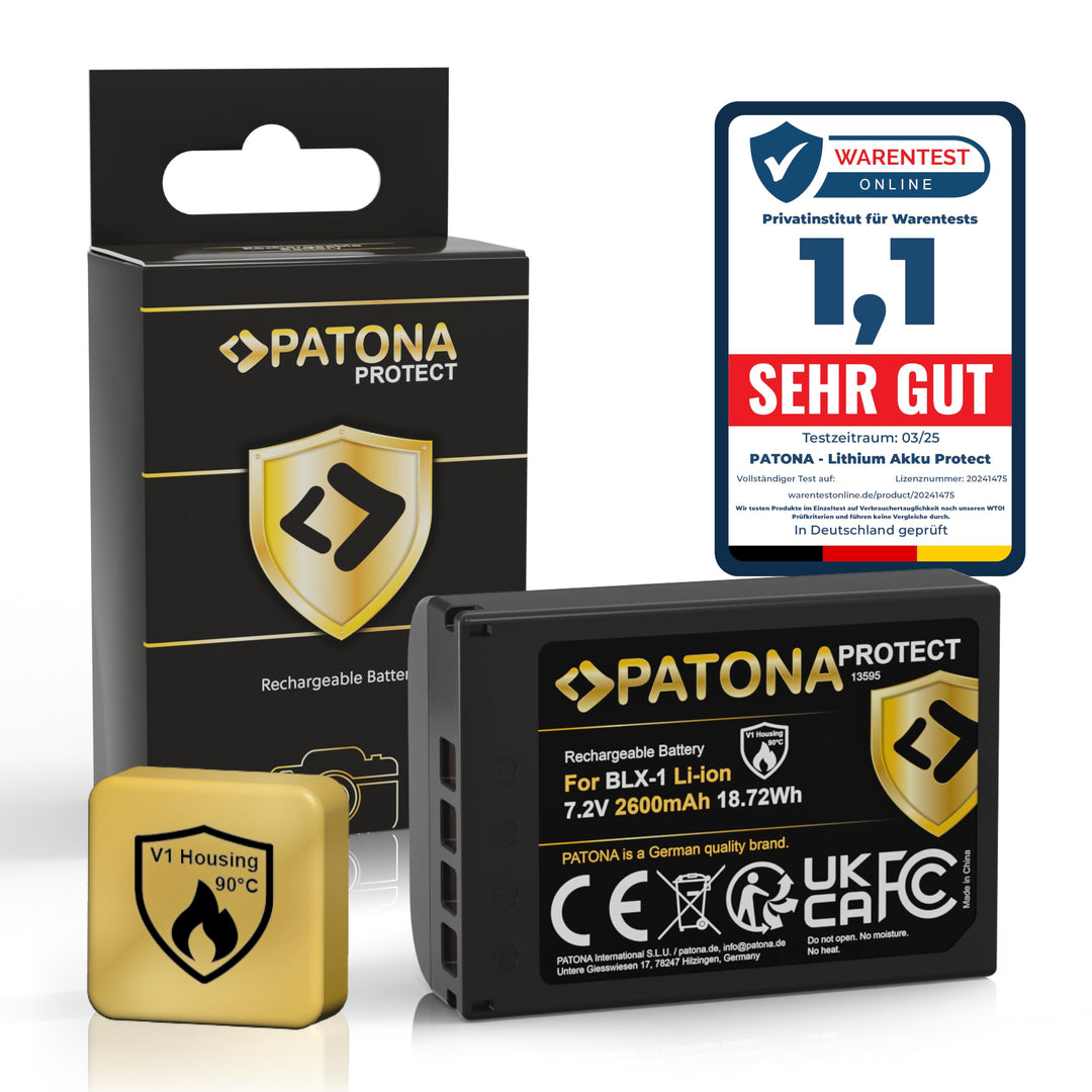 PATONA Protect BLX-1 Akku (2400mAh) mit NTC-Sensor und V1 Gehäuse - für OM-1 1x BLX1, 1x BLX1
