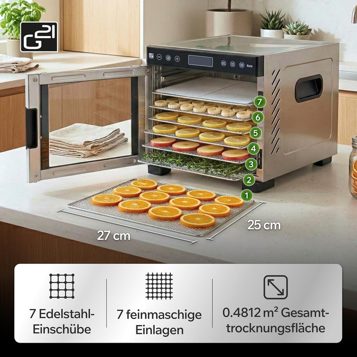 Dörrautomat/Obsttrockner G21 Kona, Edelstahl, 600 W, Zeitschaltuhr, 7 Trockenplatten, 7 Feinsiebe, D