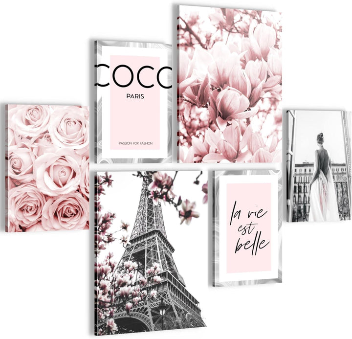 Novart Bilder Set - AUFHÄNGFERTIG - KEIN EXTRA RAHMEN BENÖTIGT - Fashion Coco Modern Grau Rosa - Woh