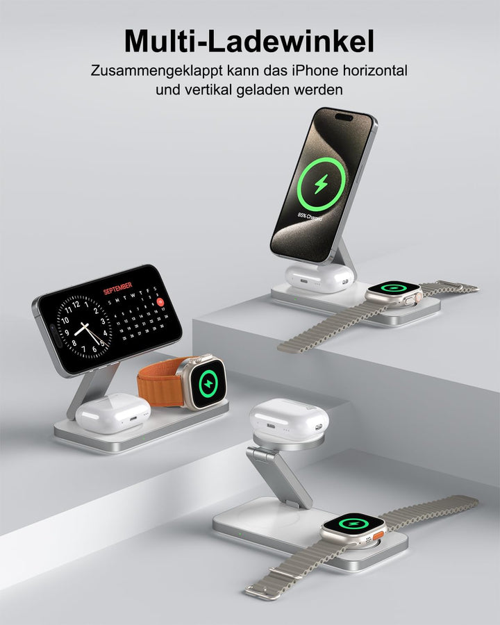 Kabelloses Ladegerät mit MagSafe, 3 in 1 Ladestation für Apple Faltbar Induktive Wireless Charger fü