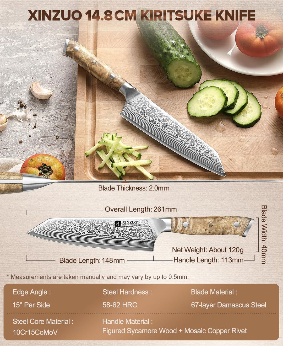 XINZUO 14,8cm Kiritsuke Kochmesser Damaststahl 10Cr15CoMoV Stahlkern Chefmesser -Profi Damaszener St