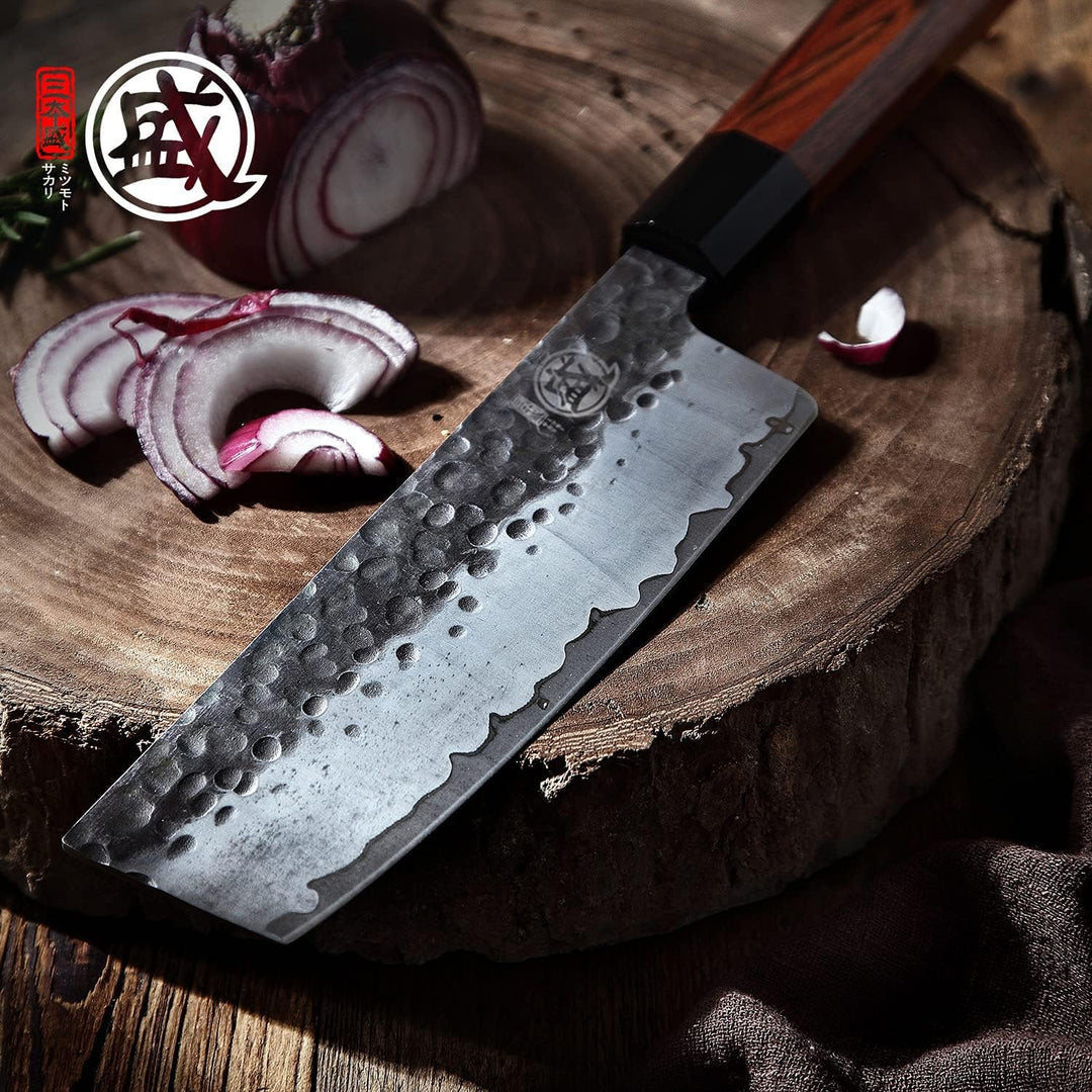 MITSUMOTO SAKARI 18 cm Handgeschmiedetes Küchenmesser Profi, Japanisches Nakiri Kochmesser, Hochkohl