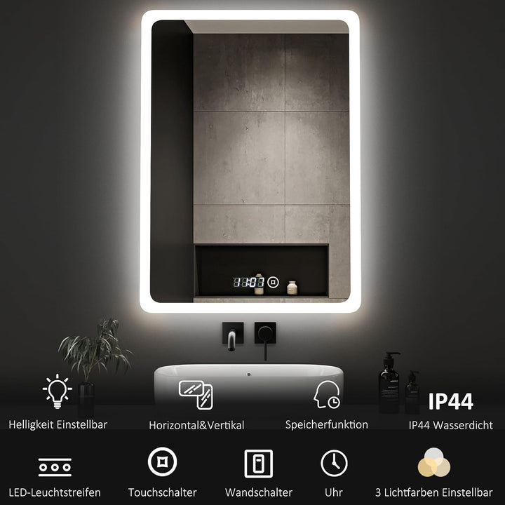Boromal Badspiegel mit Uhr Badspiegel 50x70cm Badezimmerspiegel mit Beleuchtung 6500K Kaltweiss LED