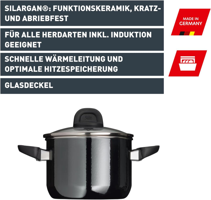 Silit Modesto Line Kochtopf klein 16cm, kleiner Topf mit Glasdeckel, Fleischtopf Induktion 2l, Nudel