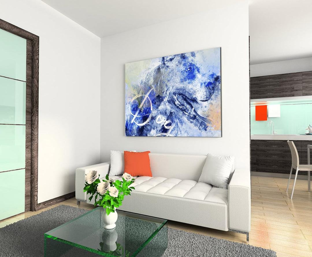 Paul Sinus Art Bild Leinwand 120x80cm Hechelnder Hund in Blautönen mit Kalligraphie, 120x80cm