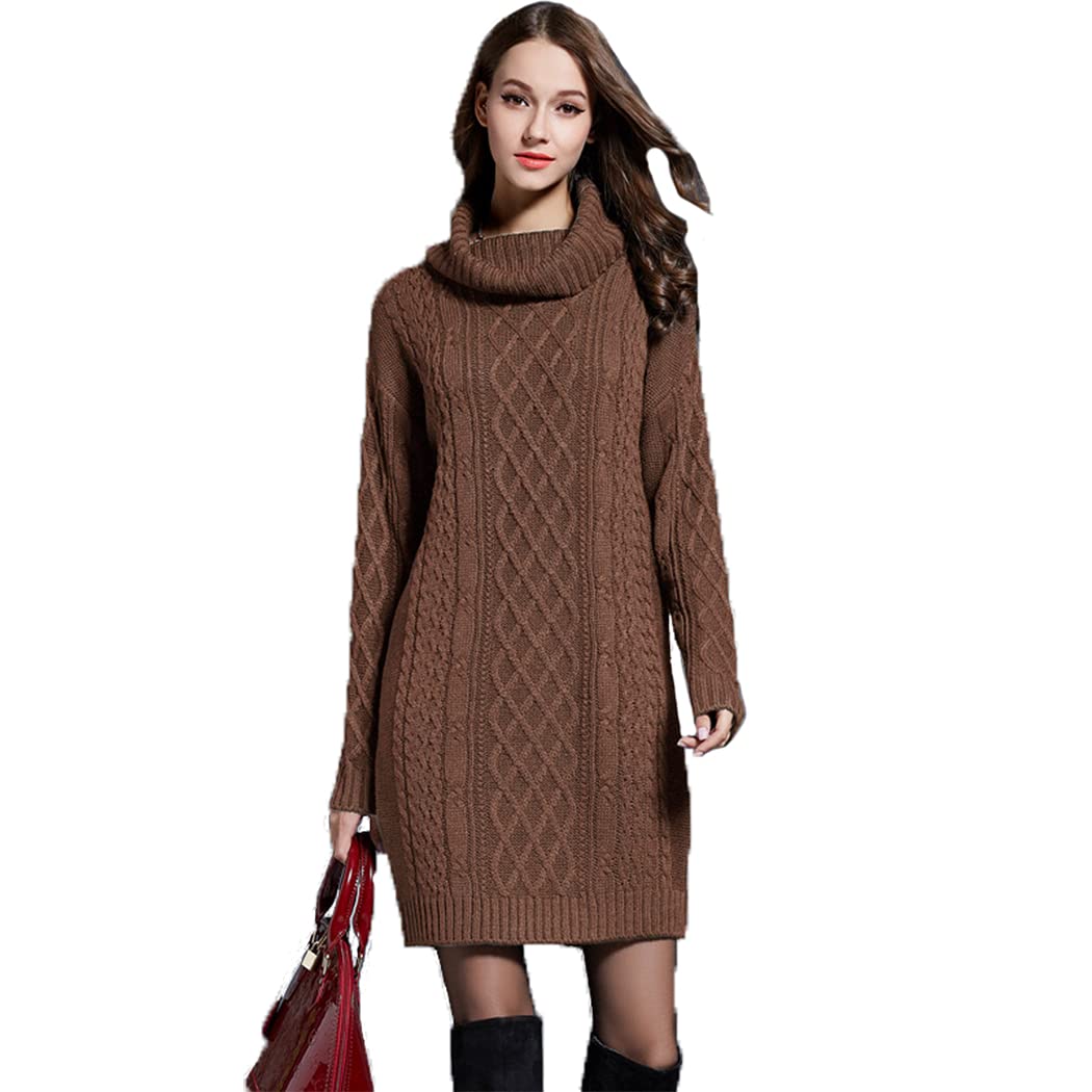 HZQIFEI Damen Strickkleider Langarm Rollkragen PulloverKleid Pullikleid Einfarbig Minikleid Casual L