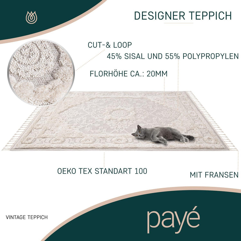 payé Teppich Wohnzimmer - Ornamente Bordüre - 80x150cm Creme - Fransen Deko Boho Flauschig - Cut & L