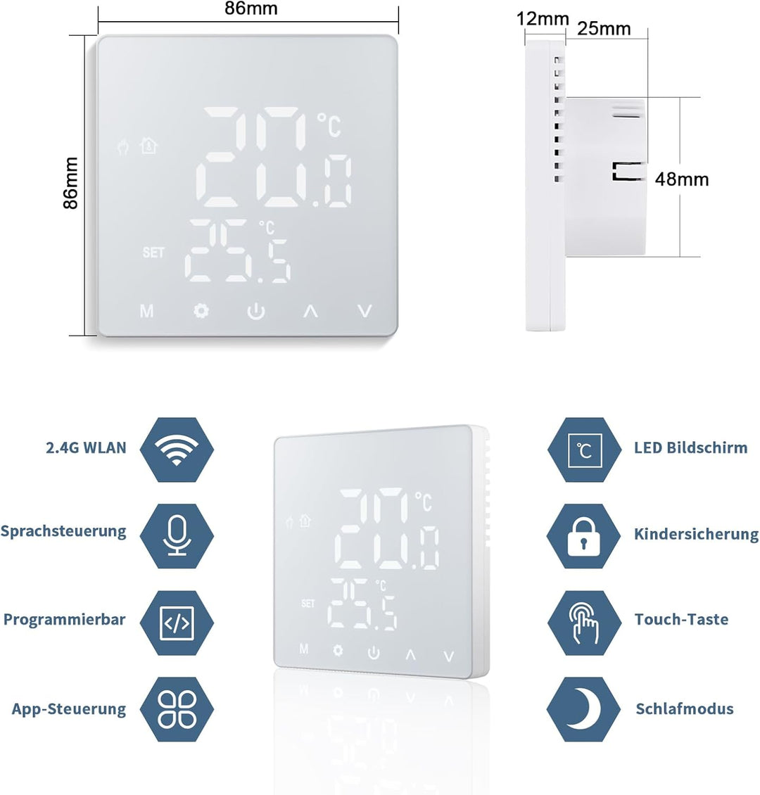 CNBINGO Smart Thermostat Unterputz mit Fühler, Digitaler Raumthermostat für Elektrische Heizung, kom