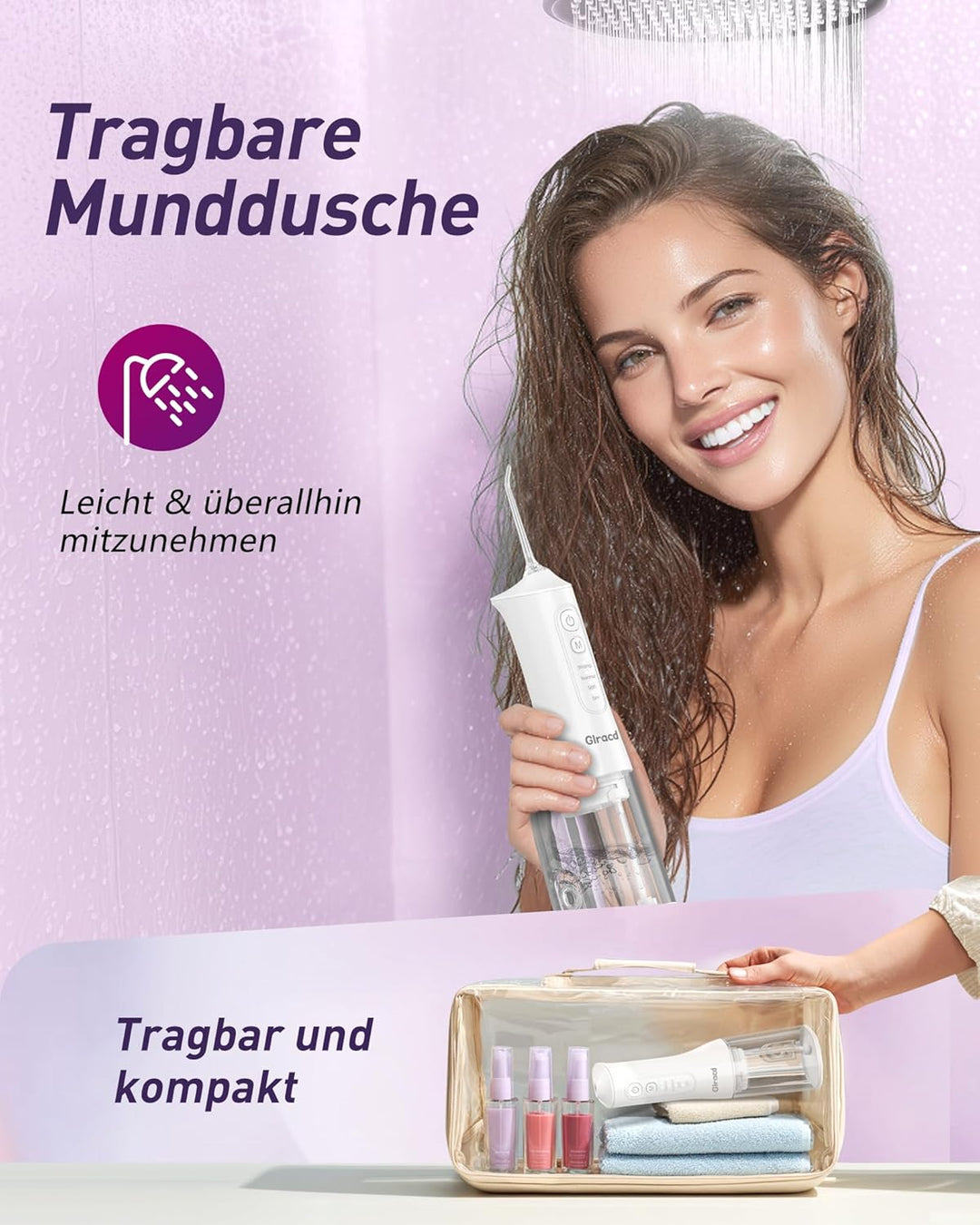 Glracd Munddusche Kabellos | munddusche kabellos 350ML Tank, Zahnzwischenraumreiniger mit 6 Jet-Tipp