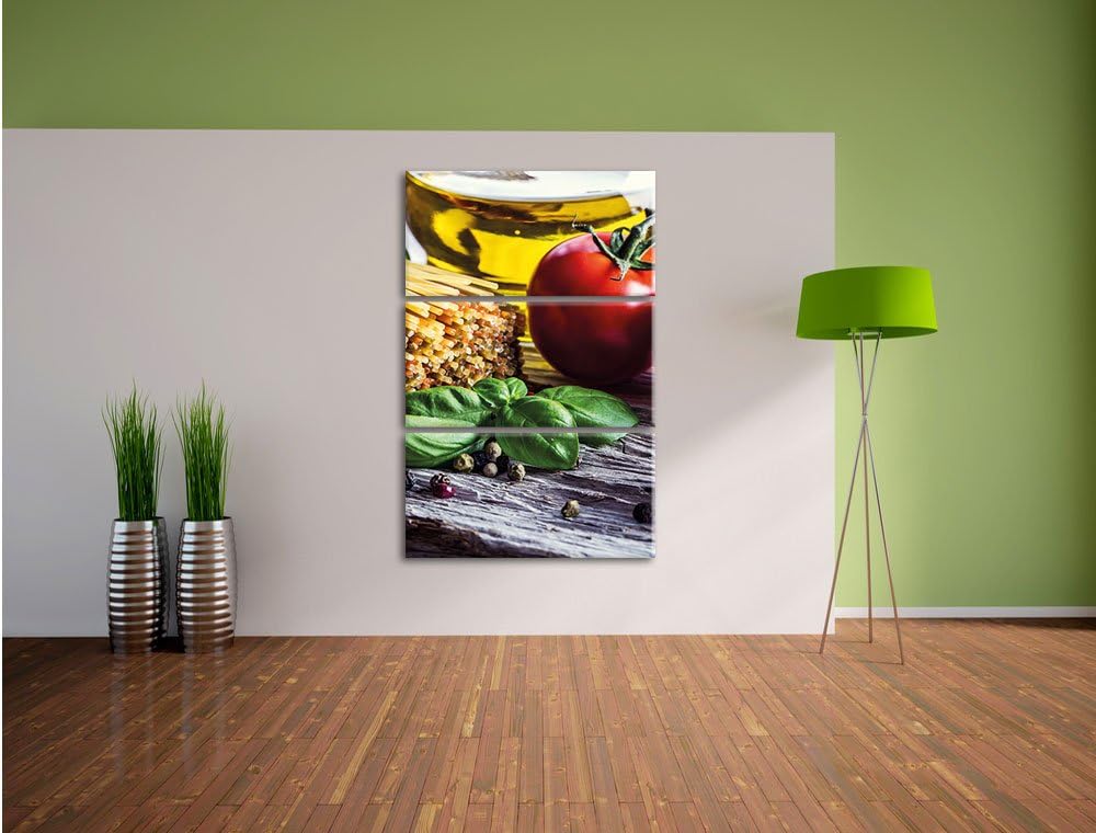 Pixxprint Spaghetti mit Tomaten und Parmesan/Format: 3-Teiler (120x80cm) cm/Leinwandbild fertig besp