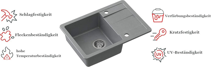VBChome Spülbecken mit Armatur 62 x 44 cm Grau Einbauspüle mit Armatur Granit Einbauspüle mit Armatu