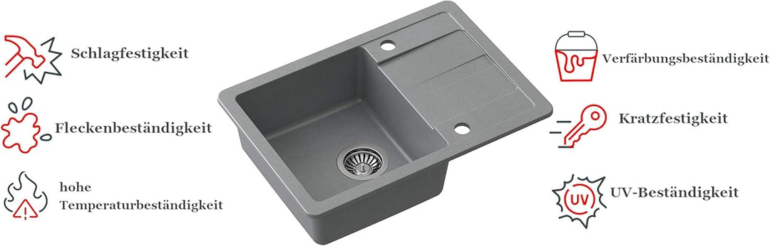 VBChome Spülbecken mit Armatur 62 x 44 cm Grau Einbauspüle mit Armatur Granit Einbauspüle mit Armatu