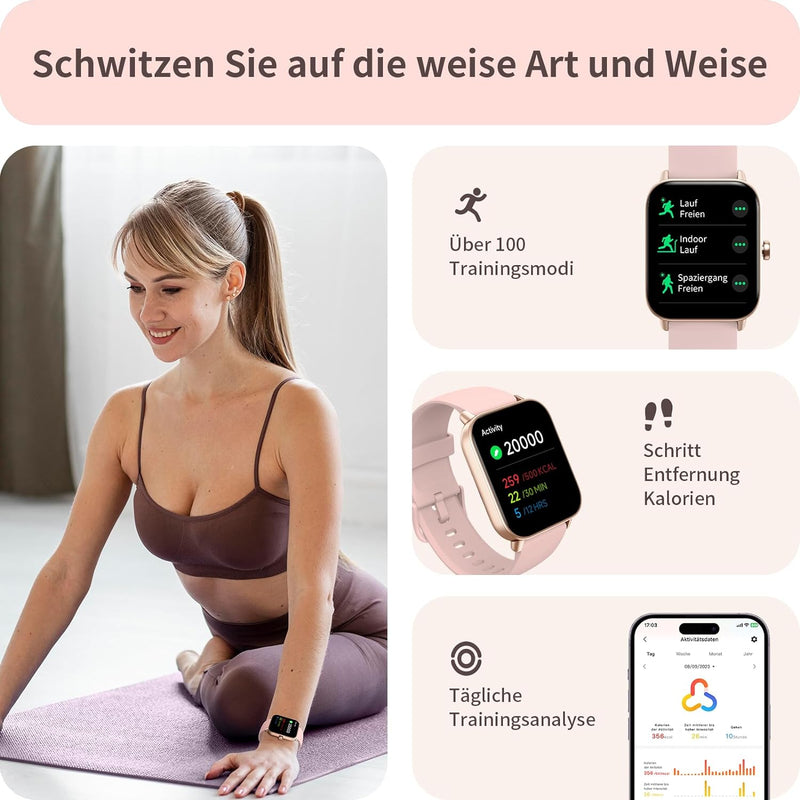 Smartwatch mit Telefonfunktion und Alexa Built-in, 1.8" Fitnessuhr Damen mit Schrittzähler Herzfrequ