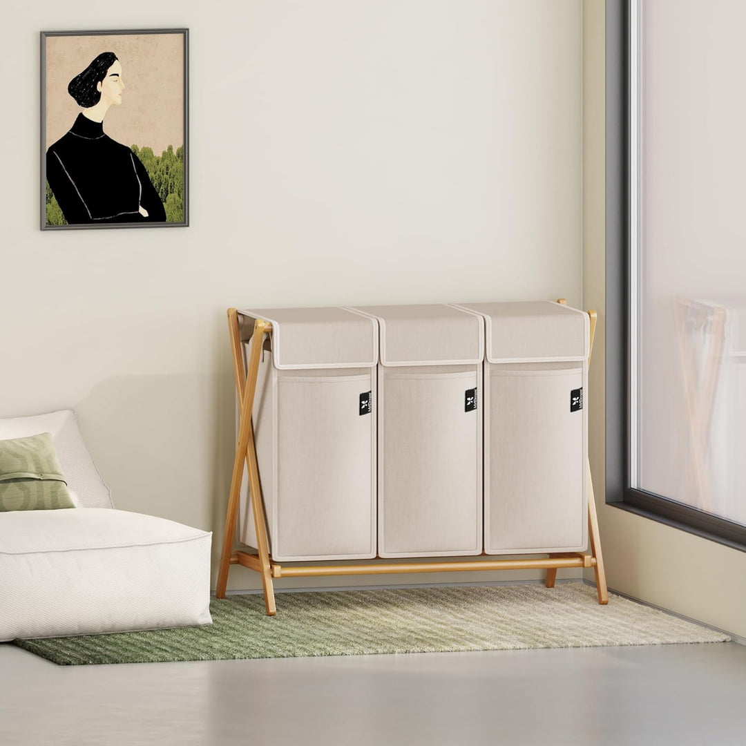 AdelDream Wäschekorb 3 Fächer 150L Bambus Wäschesammler Wäsche Sortiersystem X-förmige Wäschebox lau