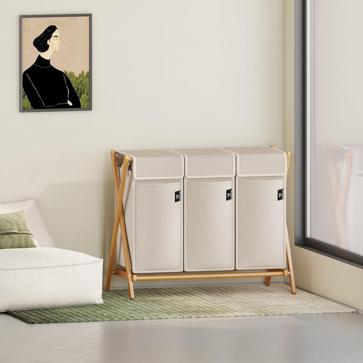 AdelDream Wäschekorb 3 Fächer 150L Bambus Wäschesammler Wäsche Sortiersystem X-förmige Wäschebox lau