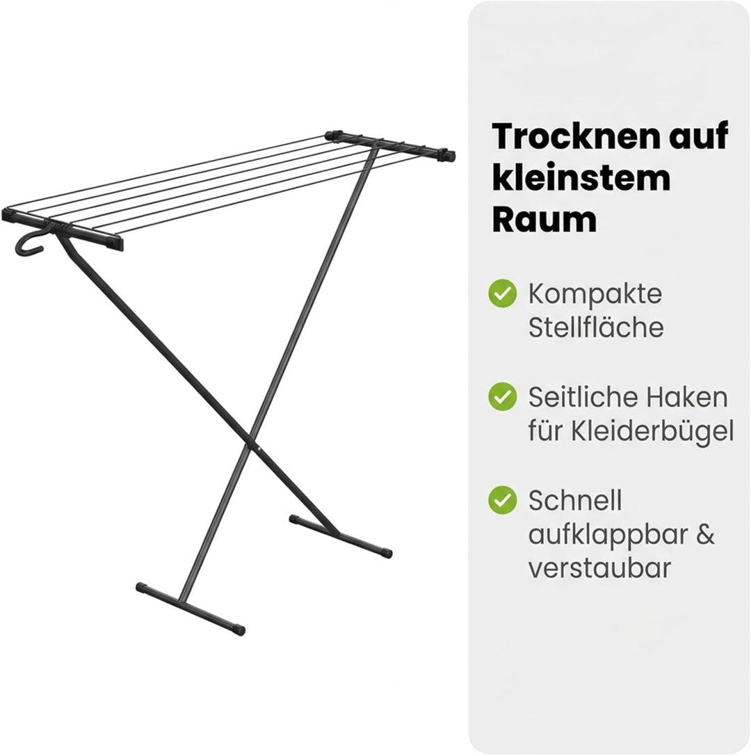 Gardissimo kompakter Wäscheständer Space schwarz, 5,5 m Trockenfläche, mit Haken für Kleiderbügel un