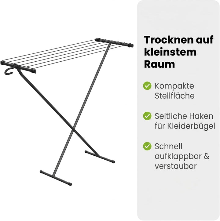 Gardissimo kompakter Wäscheständer Space schwarz, 5,5 m Trockenfläche, mit Haken für Kleiderbügel un