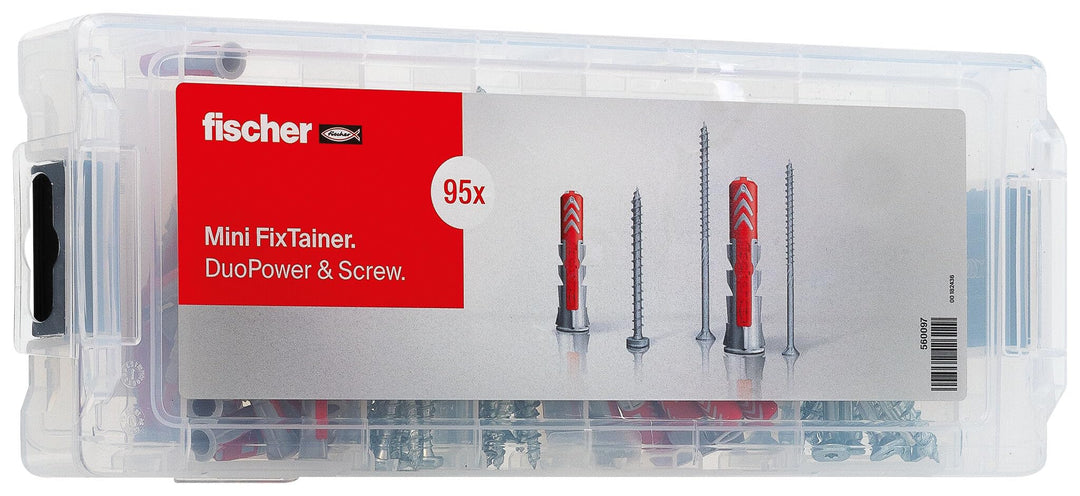 fischer Mini FixTainer DuoPower mit PowerFast II Spanplattenschraube, Dübelbox mit 95 Schrauben und