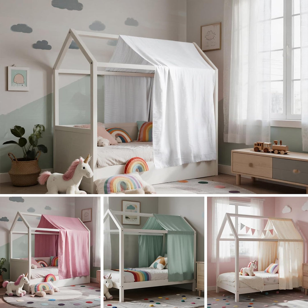 Hausbett Himmel, Betthimmel Hausbetten aus Baumwolle Musselin, Stoffhimmel für Hausbett Mädchen Jung
