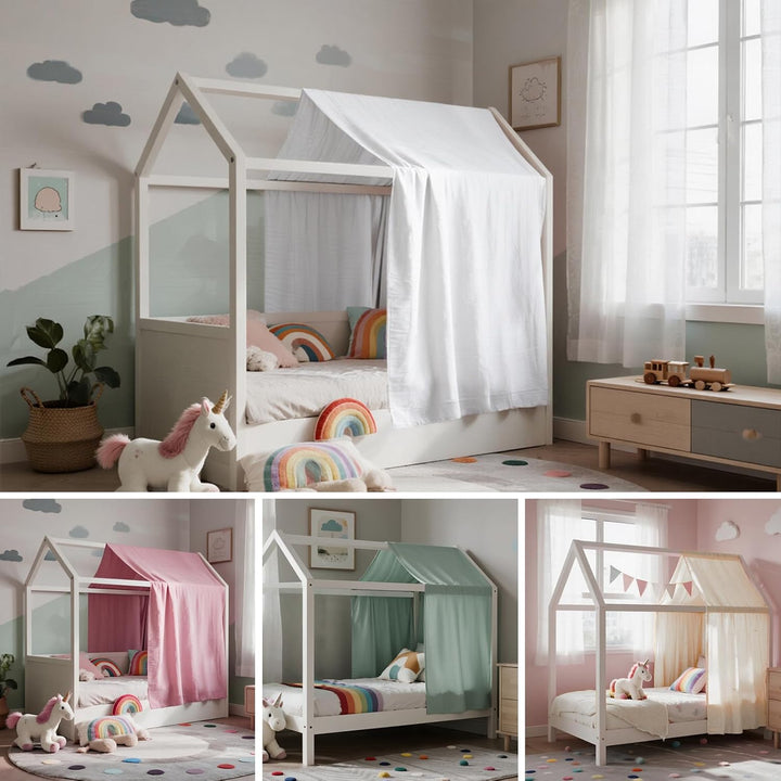Hausbett Himmel, Betthimmel Hausbetten aus Baumwolle Musselin, Stoffhimmel für Hausbett Mädchen Jung