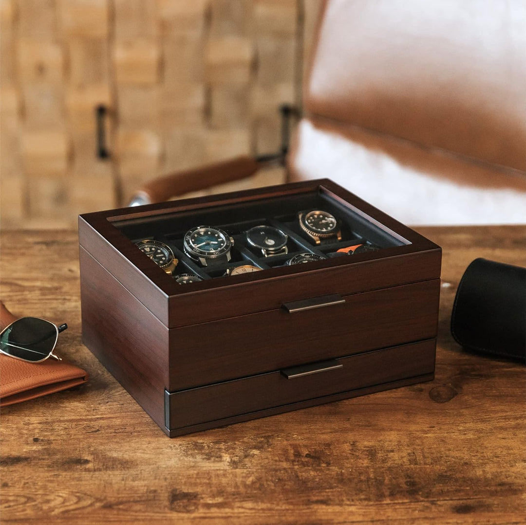 CASE ELEGANCE Monogrammierte Uhrenbox mit 8 Schlitzen, Organizer für Herren, Kirschholz, Walnussholz