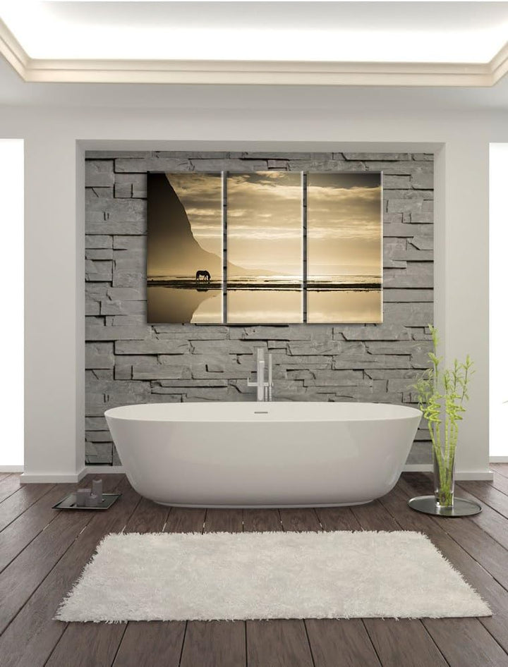 Pixxprint Pferd am Ufer Einer Insel / 3-Teilig/Gesamtmass 120cm Leinwandbild bespannt auf Holzrahmen