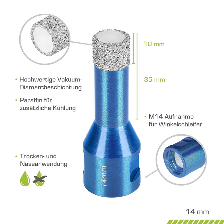 Profi Fliesenbohrer 14mm x M14 - Diamantbohrer für harte Fliesen, Feinsteinzeug uvm. Diamantbohrkron