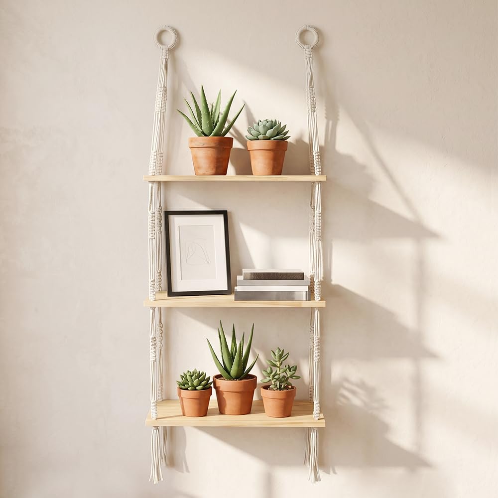 Hängeregal Holz Schweberegal Boho 3 Etagen Wandregal Makramee Regal Hängend Pflanzenregal ohne Bohre