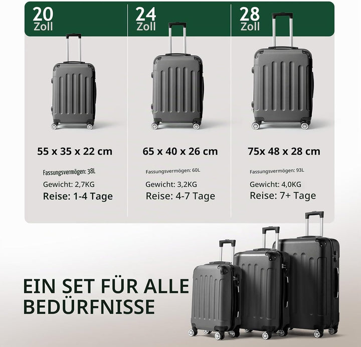 LEADZM Kofferset 3 teilig, Reisekoffer Set mit Eckenschutz, Koffer Set Hartschalen-Trolley aus ABS m