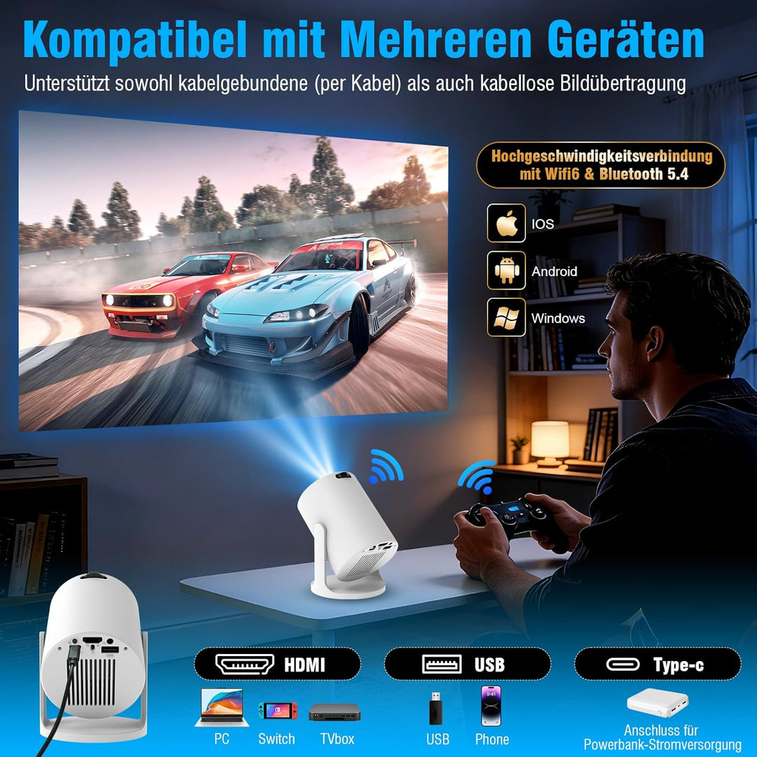 Tragbarer Mini Beamer 4K mit WiFi 6 und Bluetooth, Kleiner Projektor für unterwegs, 360° drehbarer F