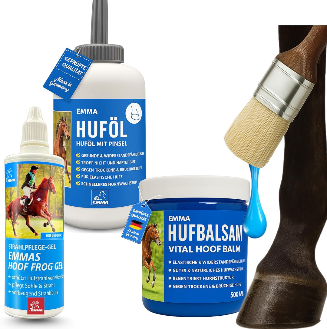 EMMA Huföl mit Hufpinsel + Strahlpflege + Hufbalsam - Huffett Pferde I Hufpflege Hufe & Strahl I Mit