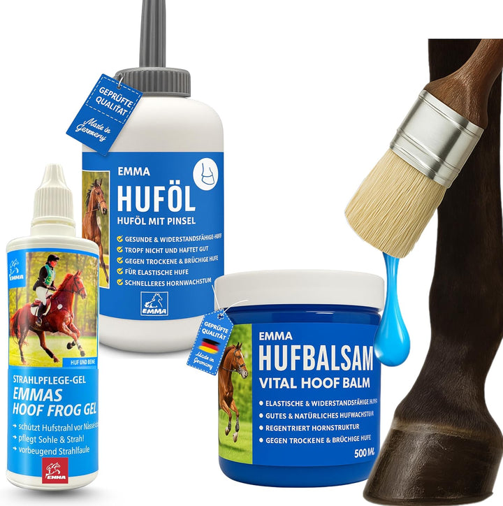 EMMA Huföl mit Hufpinsel + Strahlpflege + Hufbalsam - Huffett Pferde I Hufpflege Hufe & Strahl I Mit