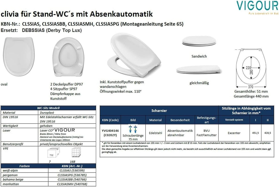 Vigour WC-Sitz clivia (ersetzt Derby Top Lux DEBSSIAS ) weiss mit Absenkautomatik Art.-Nr. CLSSIAS