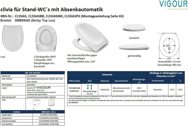 Vigour WC-Sitz clivia (ersetzt Derby Top Lux DEBSSIAS ) weiss mit Absenkautomatik Art.-Nr. CLSSIAS