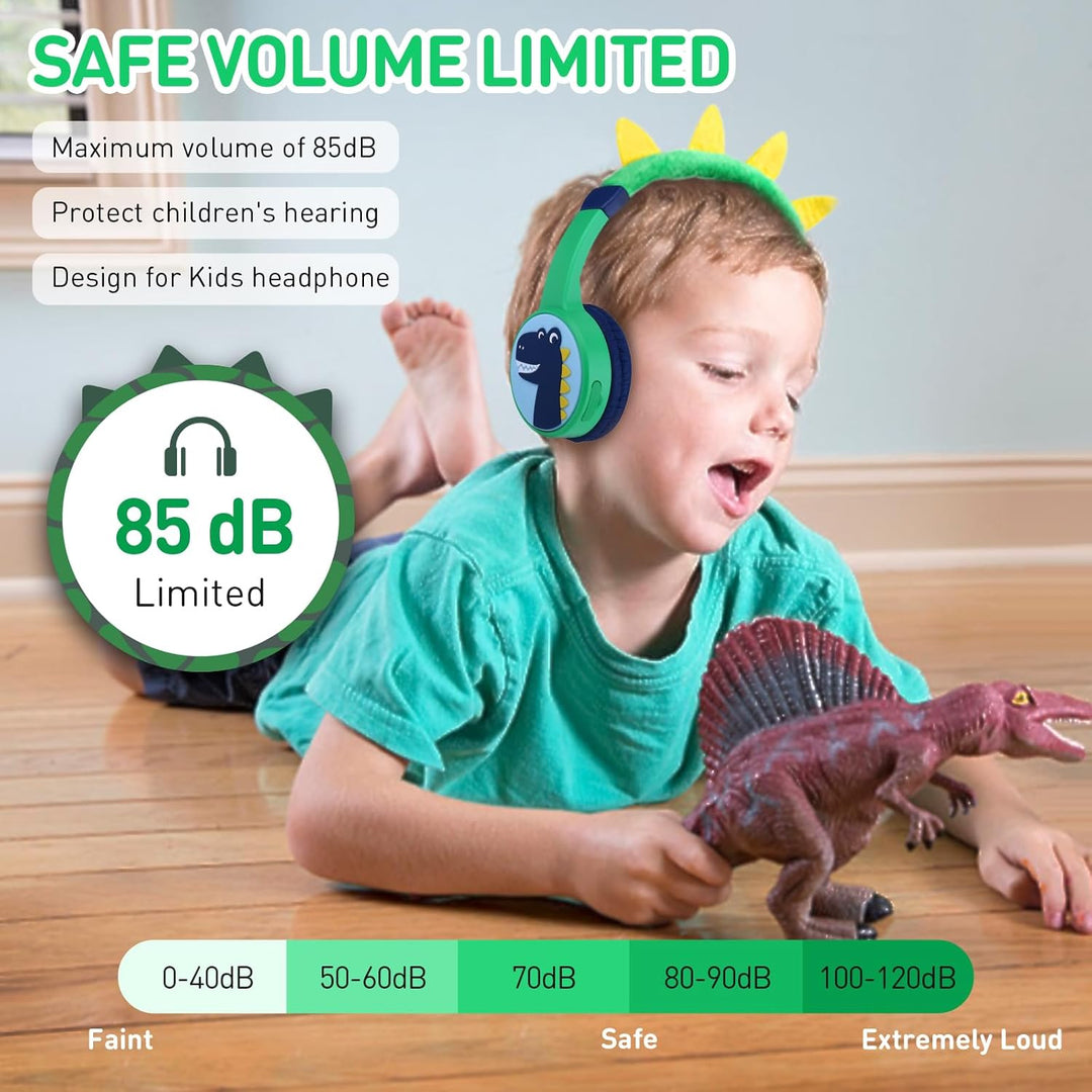Bluetooth Kopfhörer Kinder, Dinosaurier Kinder Kopfhörer mit Kabel, Mikrofon, 85dB Lautstärkebegrenz