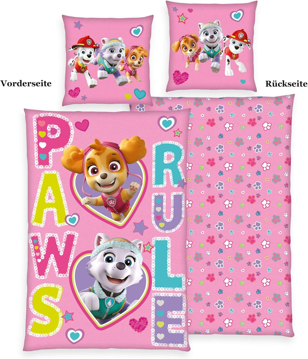 Herding Bettwäsche-Set, Paw Patrol, Kopfkissenbezug 80 x 80 cm mit Knöpfen und Wende-Motiv, Bettbezu