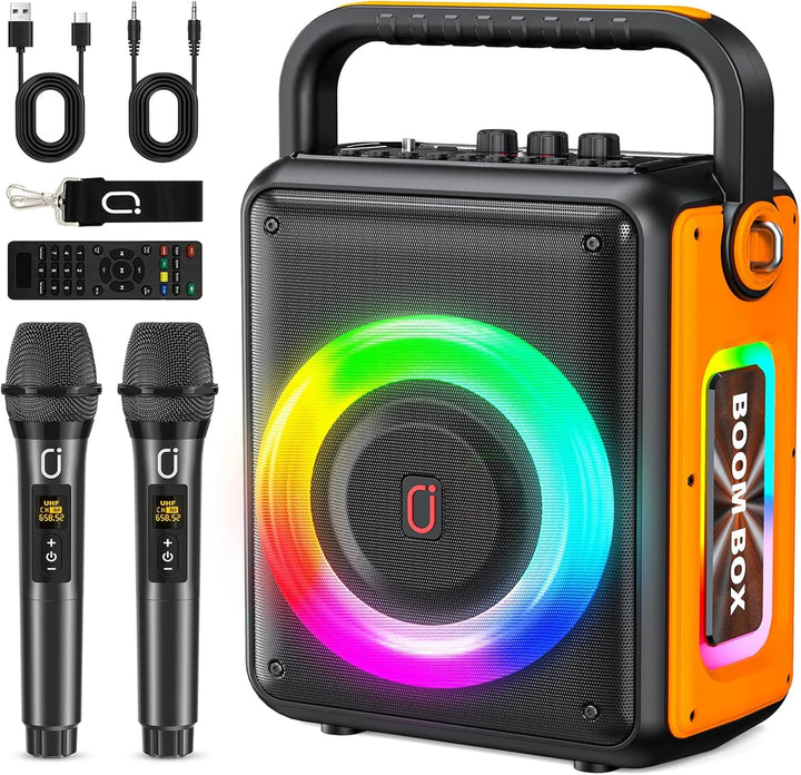 HWWR Karaoke-Maschine mit 2 Mikrofonen, tragbarer Bluetooth-Lautsprecher, PA-System für Erwachsene u